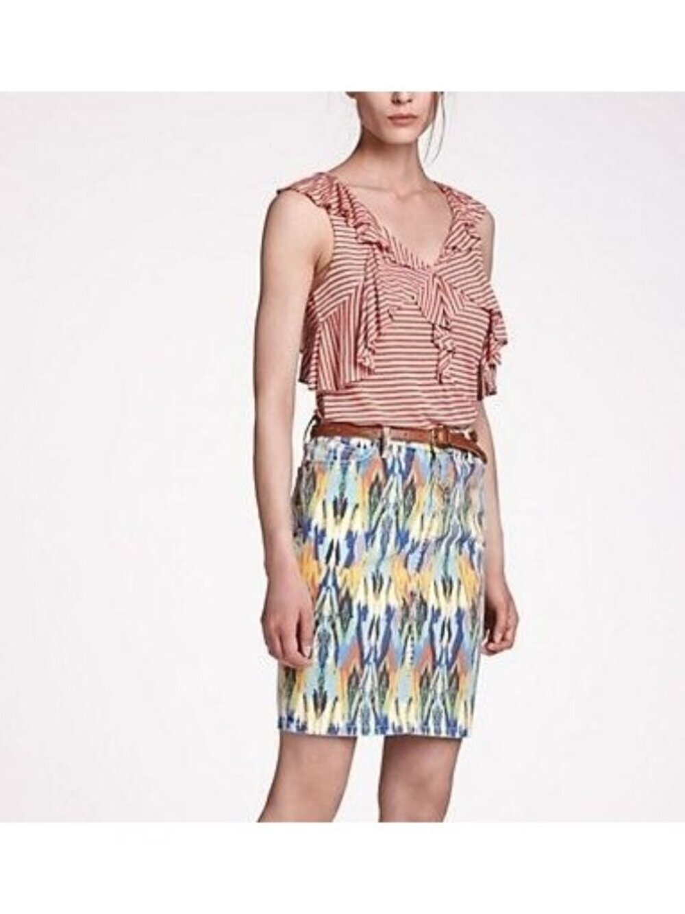 Current/ Elliott Fletching Denim Ikat Striped Multicolor Skirt Women Size 30